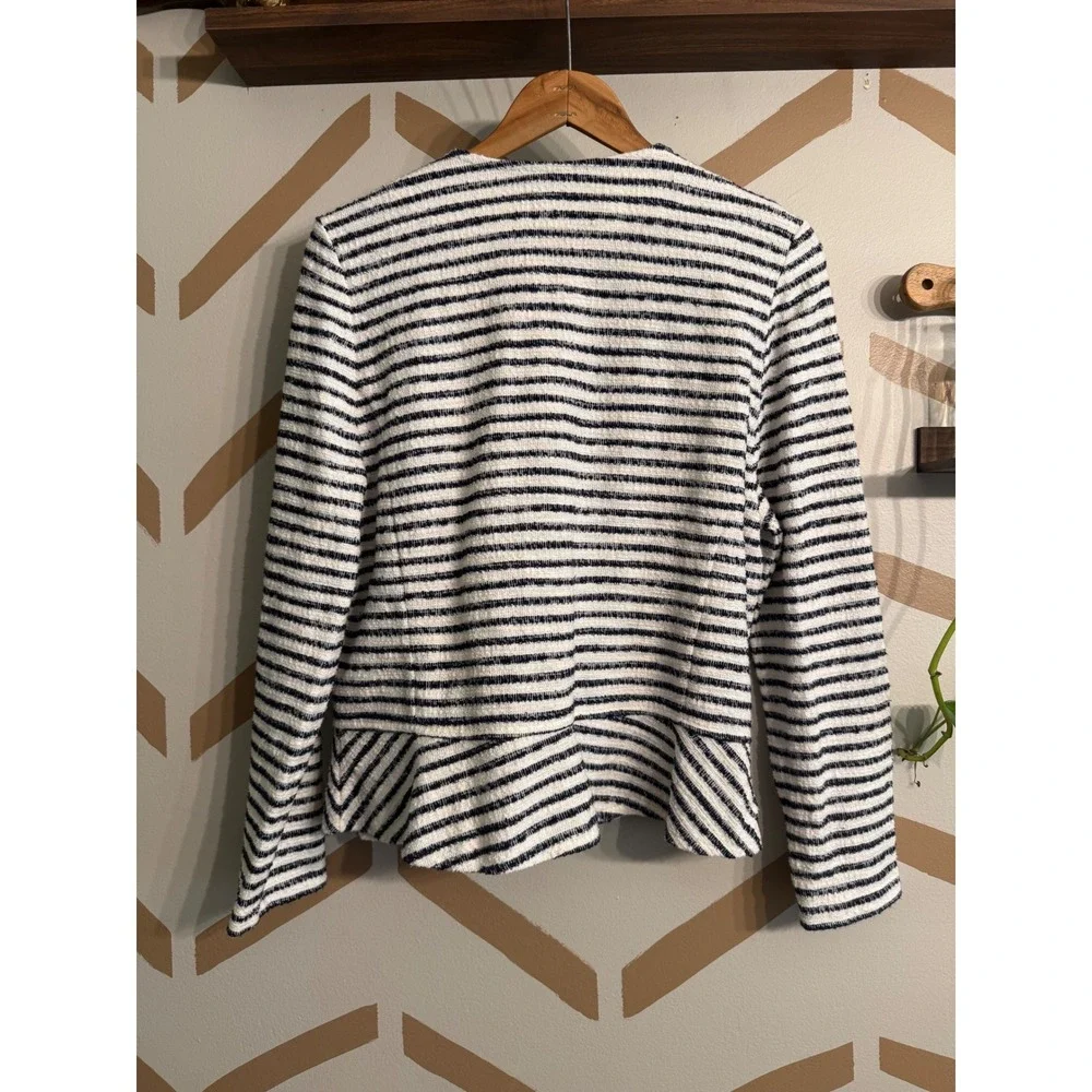 LOFT Sweater Blazer Womens MP White Navy Blue Stripe Peplum Knit Cardigan